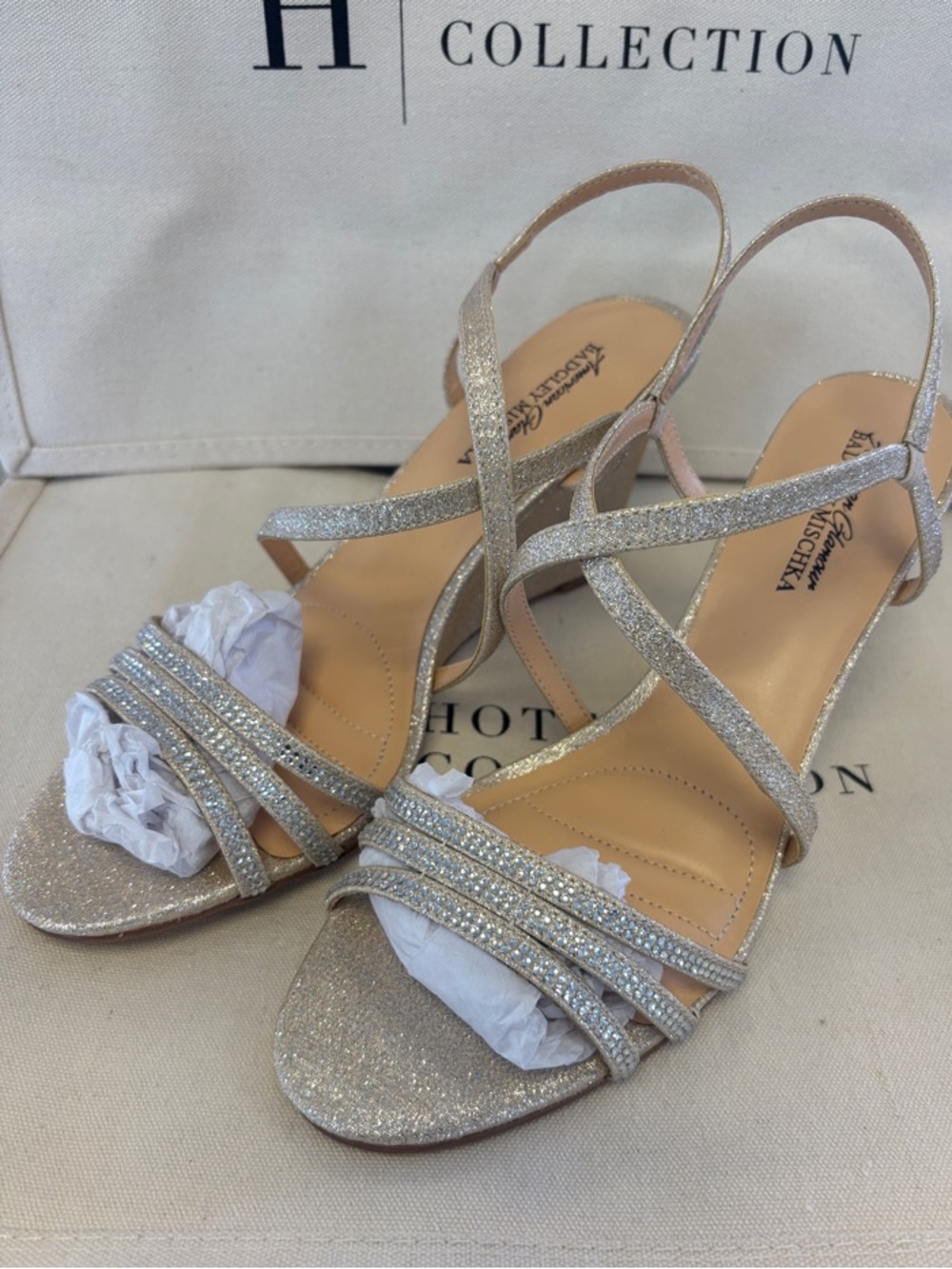 Badgley Mischka Gold Glitter Crystal Strappy Slingback Heels